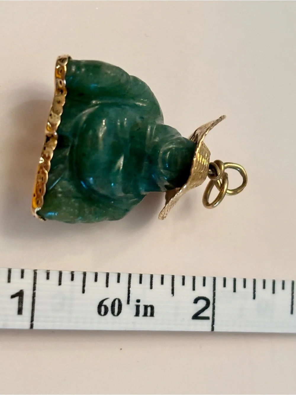 Vintage Green Jade Buddha Pendant with Gold Base & Hat